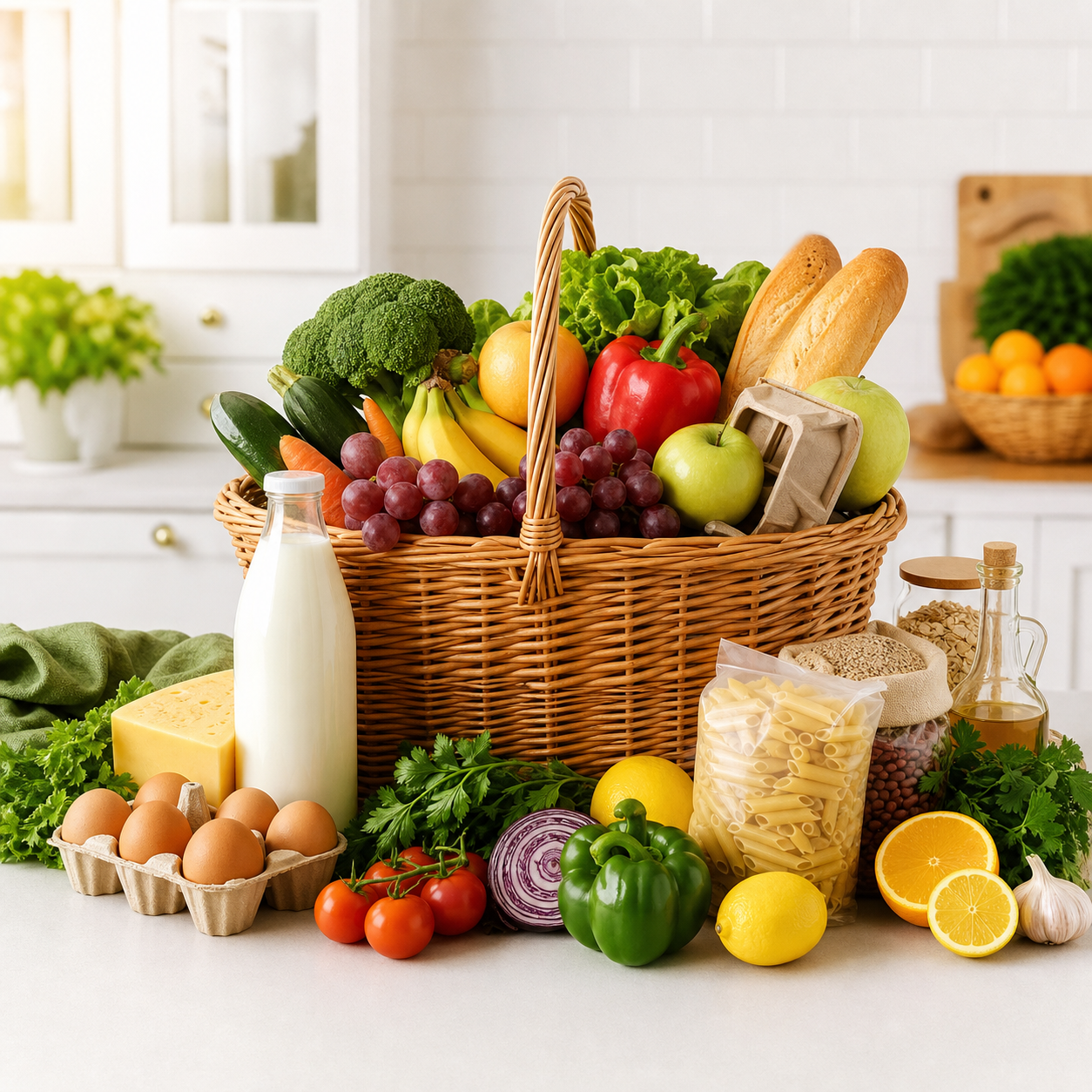 Basket of fresh groceries and supermarket products